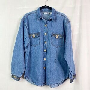 Vintage Denim Fall Flower Embroidered Ling Sleeve Button Up Shirt Med